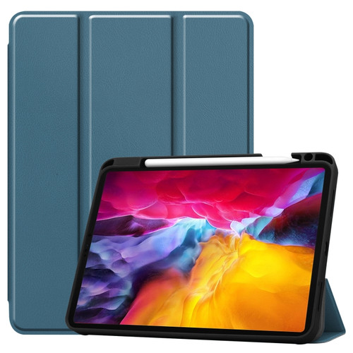 iPad Pro 11 2022 / 2021 Pure Color Horizontal Flip TPU + PU Leather Tablet Case with Three-folding Holder & Sleep / Wake-up Function & Pen Slot - Dard Green