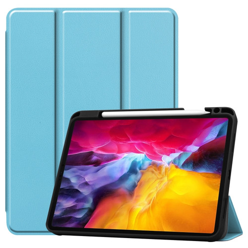 iPad Pro 11 2022 / 2021 Pure Color Horizontal Flip TPU + PU Leather Tablet Case with Three-folding Holder & Sleep / Wake-up Function & Pen Slot - Sky Blue