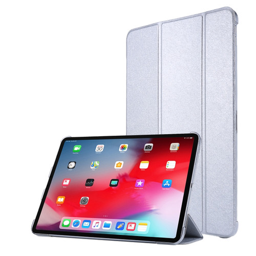 iPad Pro 12.9 2022 / 2021 Silk Texture Three-fold Horizontal Flip Leather Tablet Case with Holder & Pen Slot - Silver