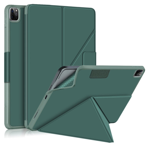 iPad Pro 12.9 2022 / 2021 Multi-folding Horizontal Flip PU Leather Shockproof Tablet Case with Holder & Sleep / Wake-up Function - Dark Green