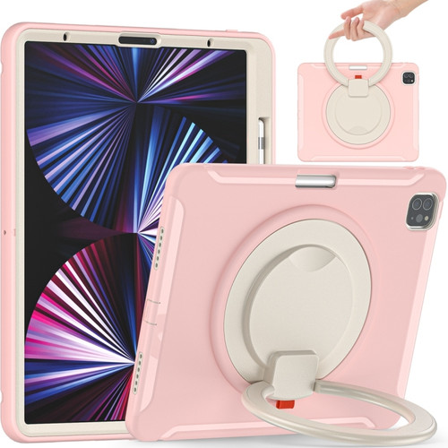 iPad Pro 12.9 2022 / 2021 Shockproof TPU + PC Protective Tablet Case with 360 Degree Rotation Foldable Handle Grip Holder & Pen Slot - Cherry Blossoms Pink