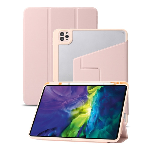 iPad Pro 12.9 2022 / 2021 / 2020 / 2018 3-Fold 360 Rotation Acrylic Leather Smart Tablet Case - Pink