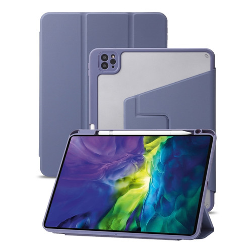 iPad Pro 12.9 2022 / 2021 / 2020 / 2018 3-Fold 360 Rotation Acrylic Leather Smart Tablet Case - Lavender Purple Gray