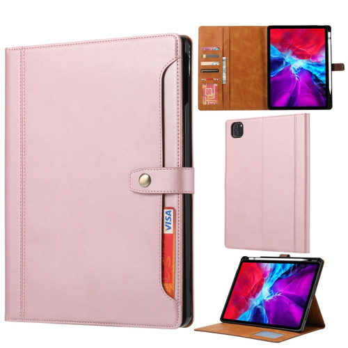 iPad Pro 12.9 2022/2021/2020 Calf Texture Double Fold Clasp Horizontal Flip Leather Tablet Case with Photo Frame & Holder & Card Slots & Wallet - Rose Gold