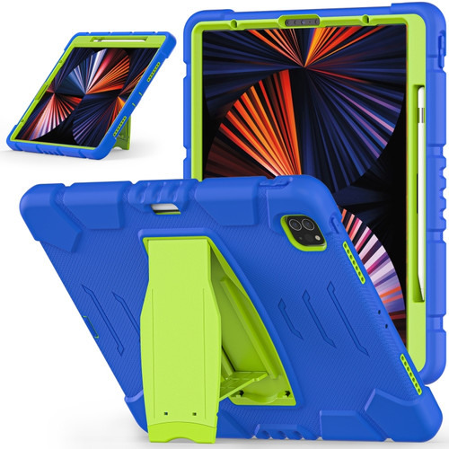 iPad Pro 12.9 2022 / 2021 3-Layer Protection  Screen Frame + PC + Silicone Shockproof Combination Tablet Case with Holder - Blue+Lime