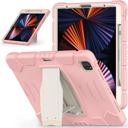 iPad Pro 12.9 2022 / 2021 3-Layer Protection  Screen Frame + PC + Silicone Shockproof Combination Tablet Case with Holder - Cherry Blossoms Pink