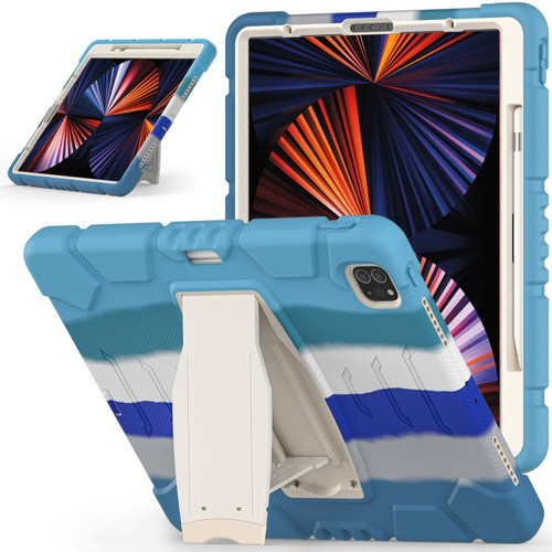 iPad Pro 12.9 2022 / 2021 3-Layer Protection  Screen Frame + PC + Silicone Shockproof Combination Tablet Case with Holder - Colorful Blue