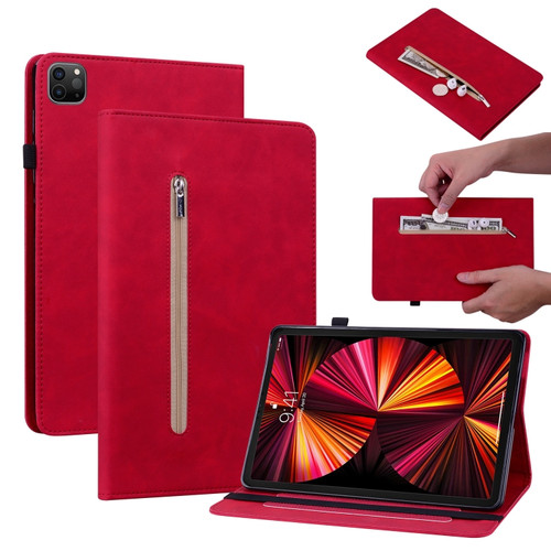 iPad Pro 12.9 2022 / 2021 / 2020 Skin Feel Solid Color Zipper Smart Leather Tablet Case - Red
