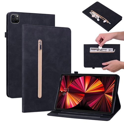 iPad Pro 12.9 2022 / 2021 / 2020 Skin Feel Solid Color Zipper Smart Leather Tablet Case - Black