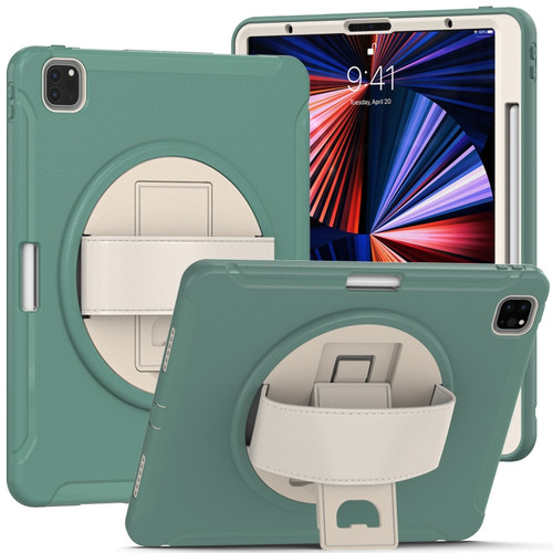 iPad Pro 12.9 2022 / 2021 360 Degree Rotation PC + TPU Protective Tablet Case with Holder & Hand-strap - Jade Green