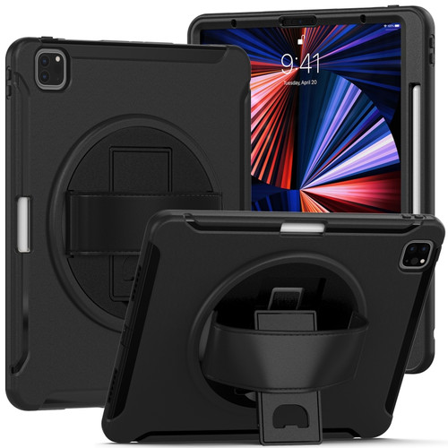 iPad Pro 12.9 2022 / 2021 360 Degree Rotation PC + TPU Protective Tablet Case with Holder & Hand-strap - Black