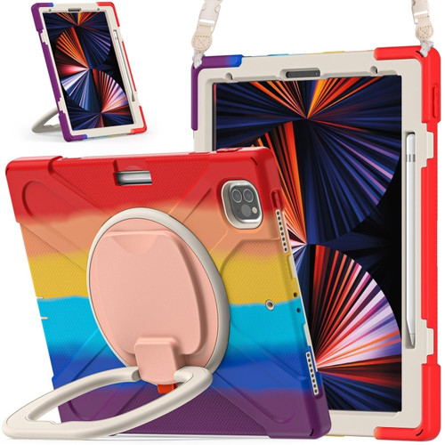 iPad Pro 12.9 2022 / 2021 Silicone + PC Protective Tablet Case with Holder & Shoulder Strap - Colorful Red