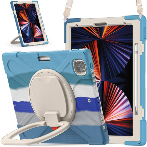 iPad Pro 12.9 2022 / 2021 Silicone + PC Protective Tablet Case with Holder & Shoulder Strap - Colorful Blue