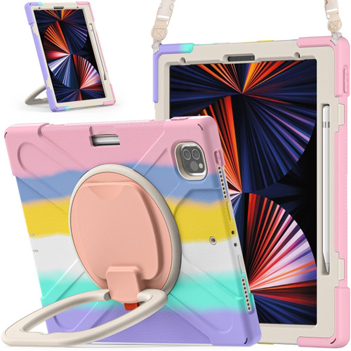 iPad Pro 12.9 2022 / 2021 Silicone + PC Protective Tablet Case with Holder & Shoulder Strap - Colorful Pink