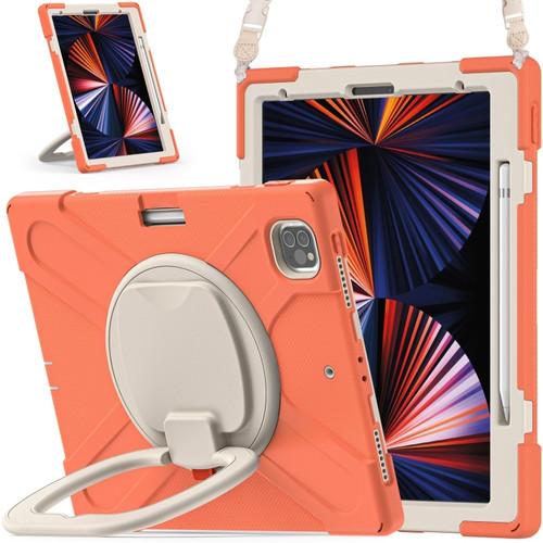 iPad Pro 12.9 2022 / 2021 Silicone + PC Protective Tablet Case with Holder & Shoulder Strap - Living Coral