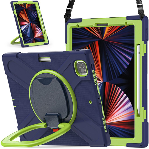 iPad Pro 12.9 2022 / 2021 Silicone + PC Protective Tablet Case with Holder & Shoulder Strap - Navy Blue + Lime