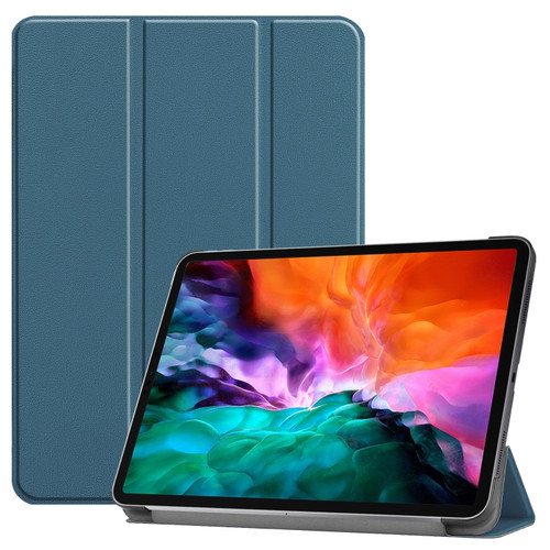 iPad Pro 12.9 2022 / 2021 Custer Texture Horizontal Flip PU Leather Tablet Case with Three-folding Holder & Sleep / Wake-up Function - Dark Green