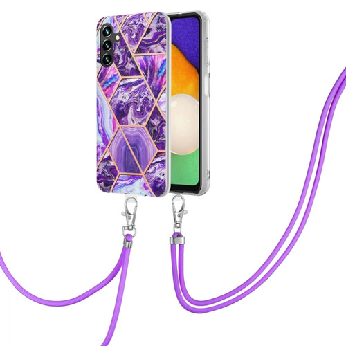 Samsung Galaxy A54 5G Electroplating IMD Splicing Dual-side Marble TPU Phone Case with Lanyard - Dark Purple