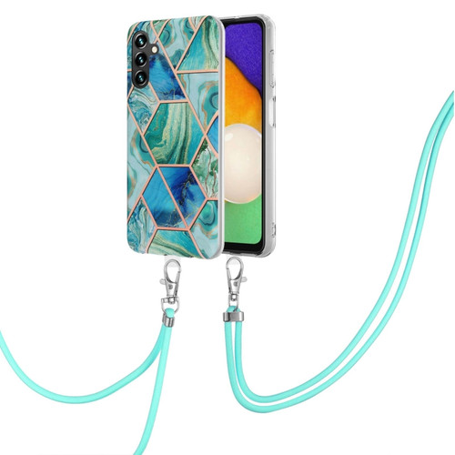 Samsung Galaxy A54 5G Electroplating IMD Splicing Dual-side Marble TPU Phone Case with Lanyard - Green