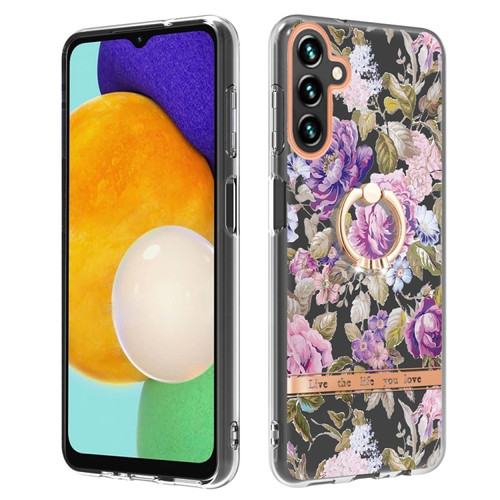 Samsung Galaxy A54 5G Flowers and Plants Series IMD TPU Phone Case with Ring Holder - Purple Peony