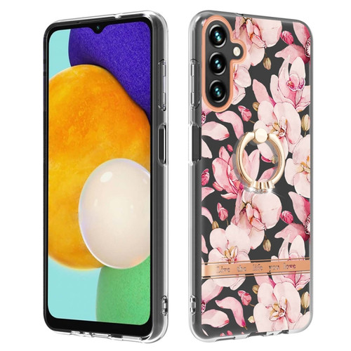 Samsung Galaxy A54 5G Flowers and Plants Series IMD TPU Phone Case with Ring Holder - Pink Gardenia
