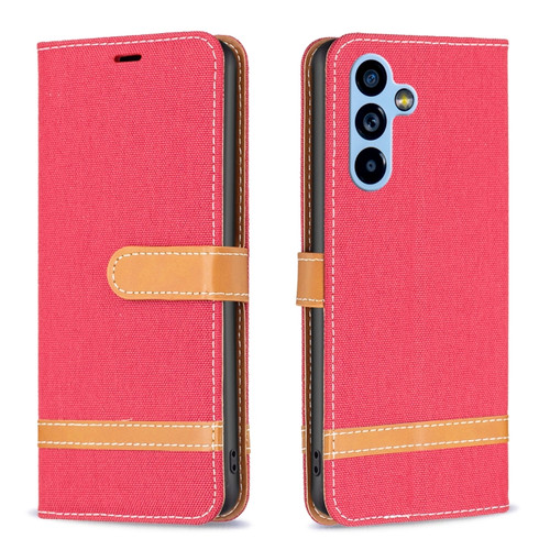 Samsung Galaxy A54 5G Color Block Denim Texture Leather Phone Case - Red