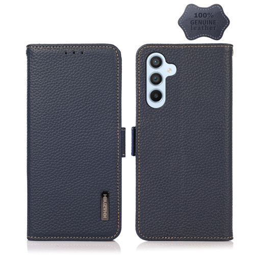 Samsung Galaxy A54 5G KHAZNEH Side-Magnetic Litchi Genuine Leather RFID Phone Case - Blue