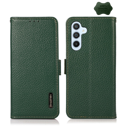 Samsung Galaxy A54 5G KHAZNEH Side-Magnetic Litchi Genuine Leather RFID Phone Case - Green