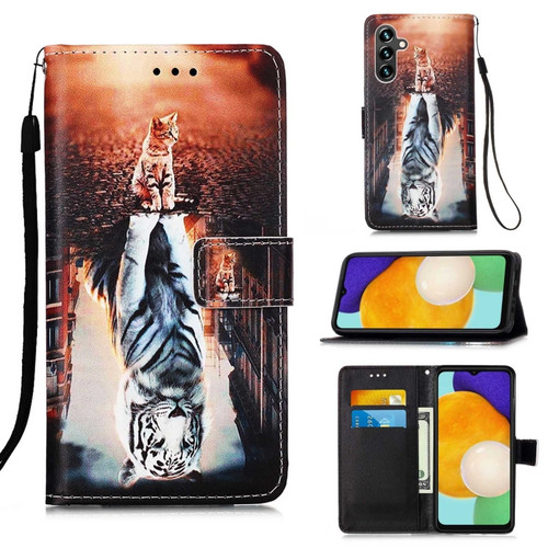 Samsung Galaxy A54 5G Colored Drawing Pattern Plain Weave Leather Phone Case - Cats And Tigers