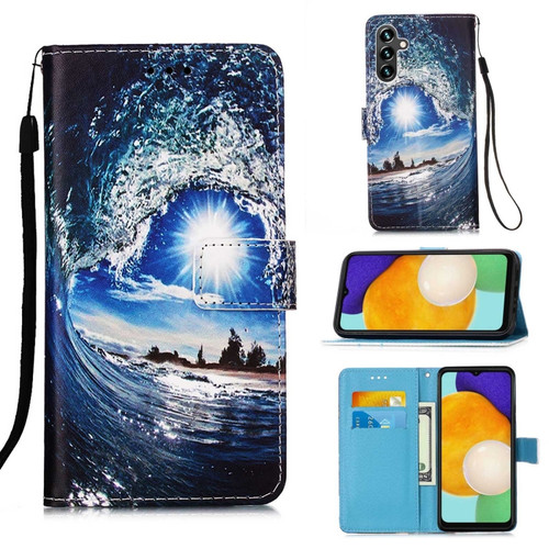 Samsung Galaxy A54 5G Colored Drawing Pattern Plain Weave Leather Phone Case - Waves And Sun
