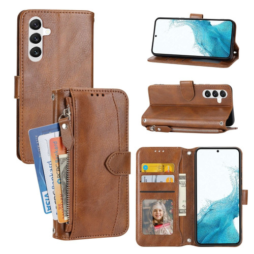 Samsung Galaxy A54 5G Oil Skin Zipper Wallet Leather Phone Case - Brown