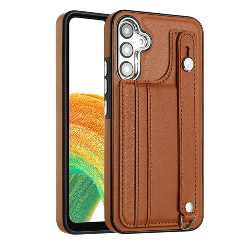 Samsung Galaxy A54 5G Shockproof Leather Phone Case with Wrist Strap - Brown