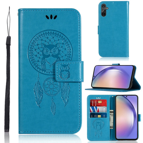 Samsung Galaxy A54 5G Global Wind Chime Owl Embossing Pattern Leather Phone Case - Blue