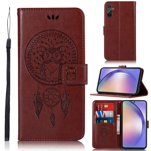 Samsung Galaxy A54 5G Global Wind Chime Owl Embossing Pattern Leather Phone Case - Brown
