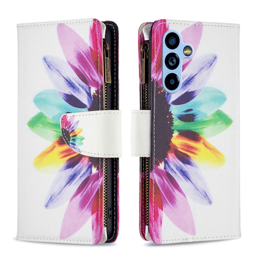 Samsung Galaxy A54 5G Colored Drawing Pattern Zipper Leather Phone Case - Sun Flower