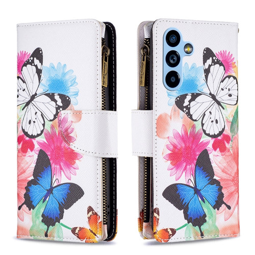 Samsung Galaxy A54 5G Colored Drawing Pattern Zipper Leather Phone Case - Two Butterflies