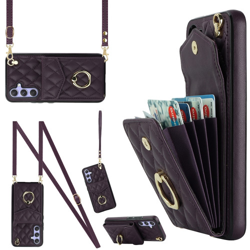 Samsung Galaxy A54 5G Rhombic Texture Card Bag Phone Case with Long Lanyard - Dark Purple