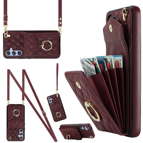 Samsung Galaxy A54 5G Rhombic Texture Card Bag Phone Case with Long Lanyard - Wine Red