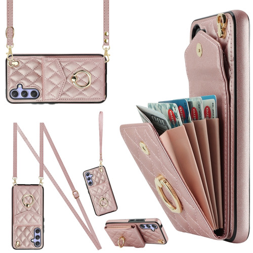 Samsung Galaxy A54 5G Rhombic Texture Card Bag Phone Case with Long Lanyard - Rose Gold