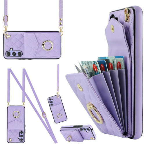 Samsung Galaxy A54 5G Rhombic Texture Card Bag Phone Case with Long Lanyard - Light Purple
