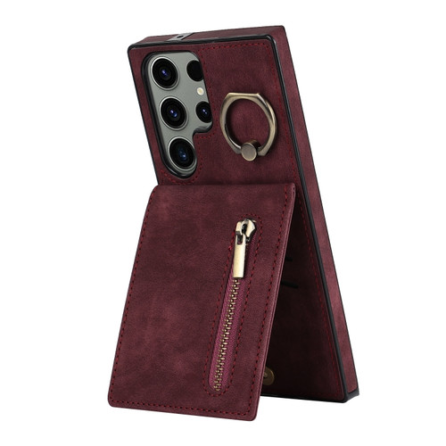 Samsung Galaxy S23 Ultra 5G Retro Ring and Zipper RFID Card Slot Phone Case - Wine Red