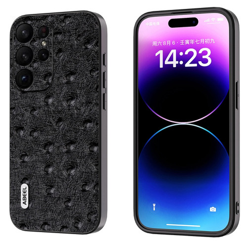 Samsung Galaxy S23 Ultra 5G ABEEL Genuine Leather Ostrich Texture Phone Case - Black