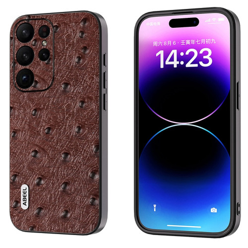 Samsung Galaxy S23 Ultra 5G ABEEL Genuine Leather Ostrich Texture Phone Case - Coffee