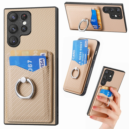 Samsung Galaxy S23 Ultra 5G Carbon Fiber Card Wallet Ring Holder Phone Case - Khaki