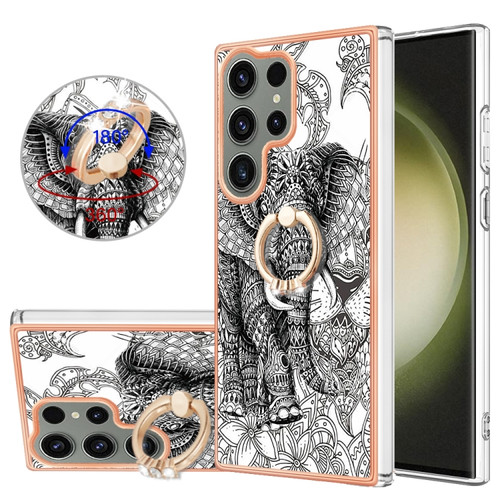 Samsung Galaxy S23 Ultra 5G Electroplating Dual-side IMD Phone Case with Ring Holder - Totem Elephant