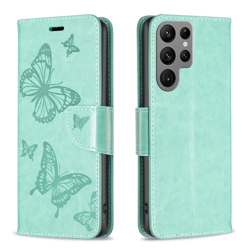 Samsung Galaxy S23 Ultra 5G Embossing Two Butterflies Pattern Leather Case - Green