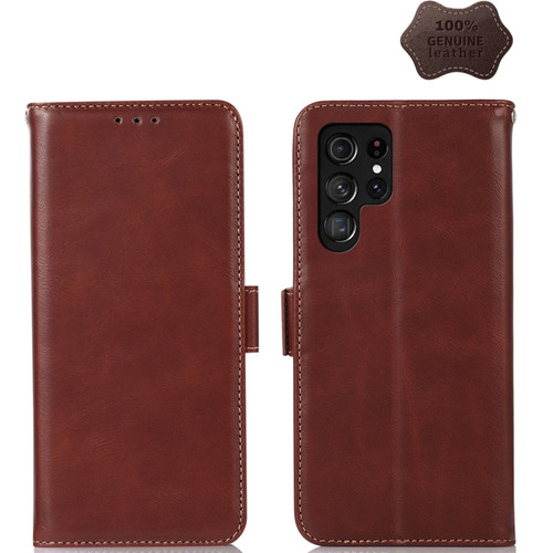 Samsung Galaxy S23 Ultra 5G Crazy Horse Top Layer Cowhide Leather Phone Case - Brown