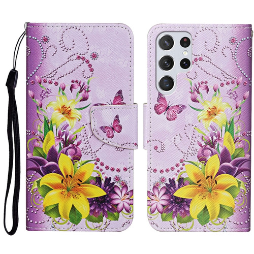 Samsung Galaxy S23 Ultra 5G Colored Drawing Pattern Leather Phone Case - Yellow Flower Butterfly