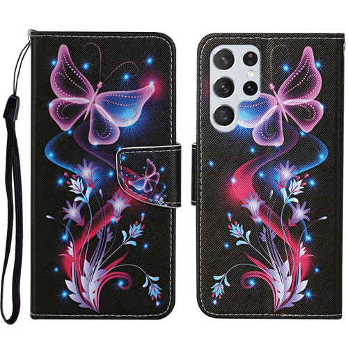 Samsung Galaxy S23 Ultra 5G Colored Drawing Pattern Leather Phone Case - Fluorescent Butterfly