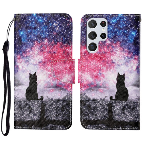 Samsung Galaxy S23 Ultra 5G Colored Drawing Pattern Leather Phone Case - Star Sky Cat